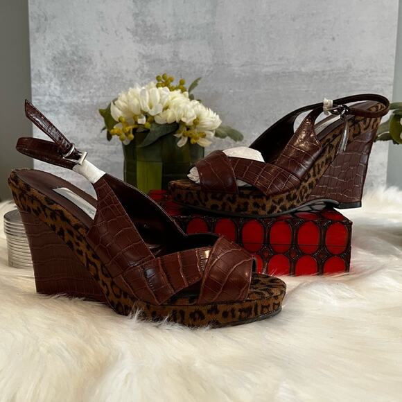 NEW RARE Spiegel Leather Platform Slingback Wedges Chocolate Leopard Sz 5.5 NWP - Picture 12 of 16